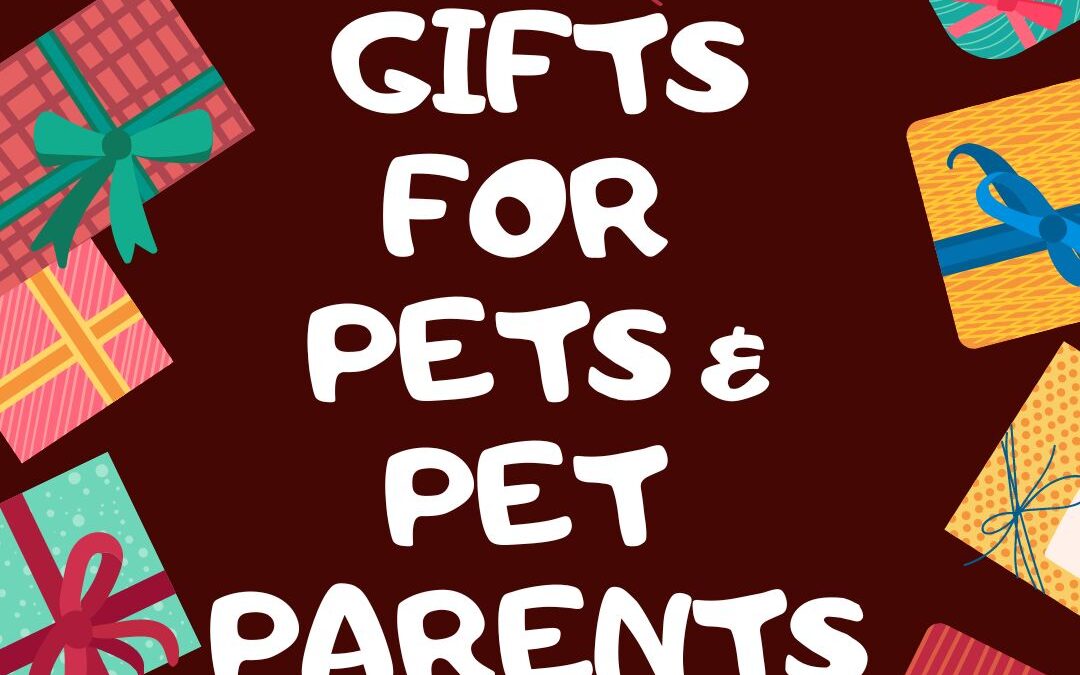graphic of brightly wrapped presents around the border of the square, on a deep red brown background. There's white text that reads: gifts for pets and pet parent